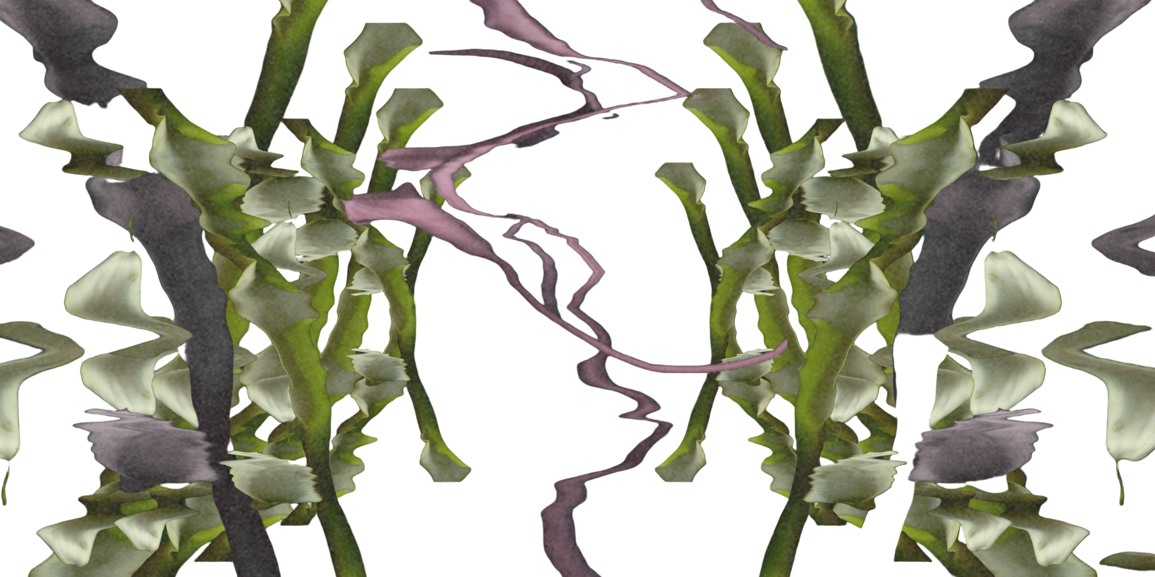 Artistic depiction of plant-like structures with green, purple, and white colors on a dark background.